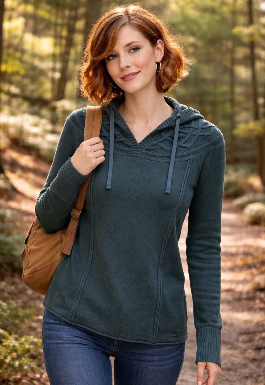 Eddie Bauer Women's Size M Teal Knit Hooded V-Neck Sweater with Lattice Detail